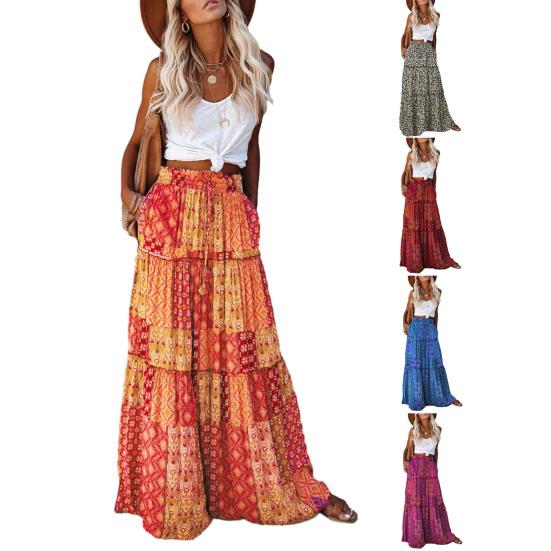 Женская макси-юбка в стиле бохо-шик с высокой талией в стиле пэчворк, плиссированная, с винтажным этническим принтом, идеально подходит для летних поездок на работу и отдыха