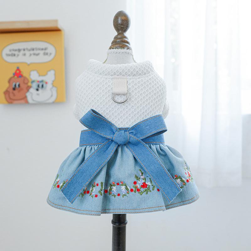 Pet Autumn/Winter Embroidered Cowboy Dress Small Dog Bow Flower Coat Puppy Clothes Dog Dresses for Small Dogs