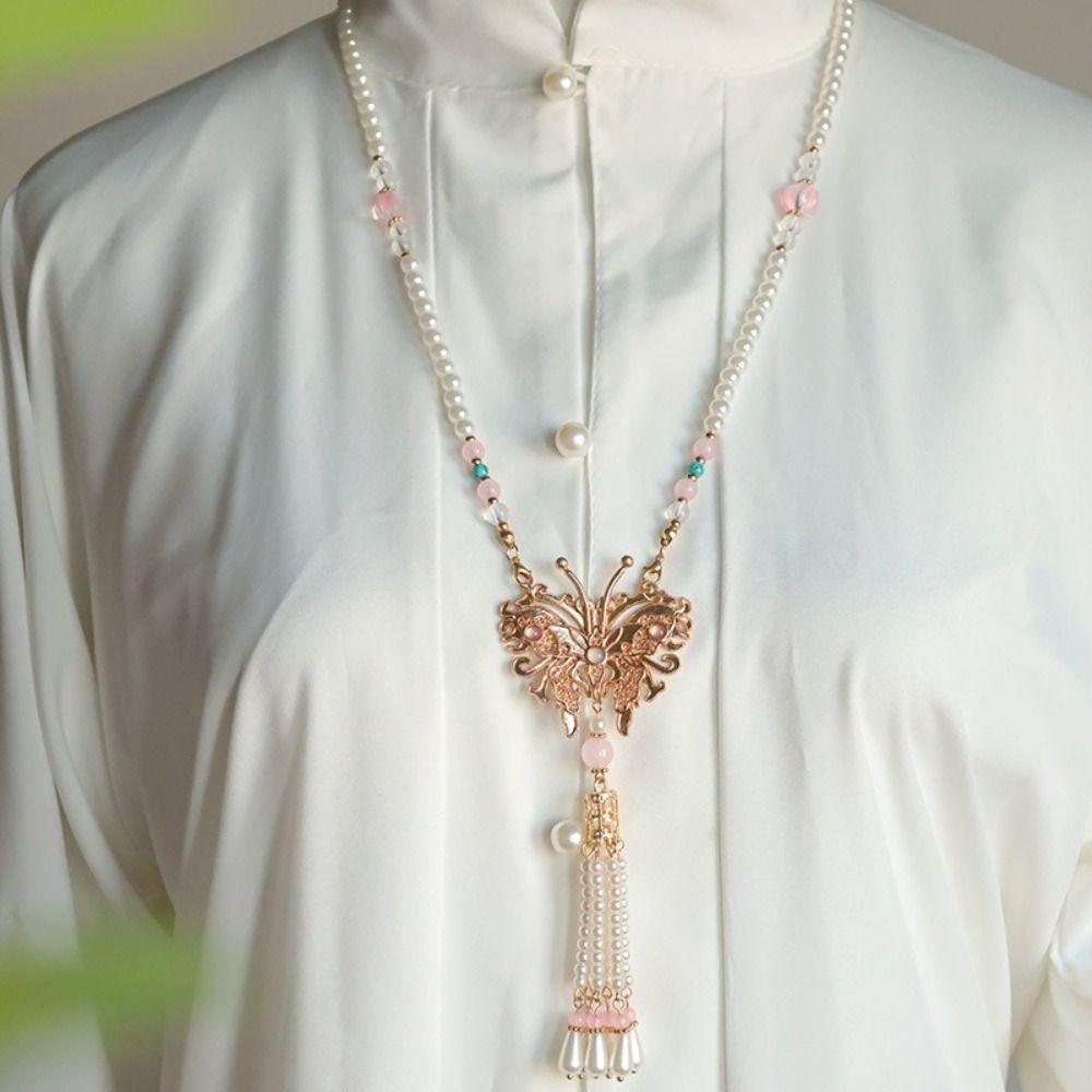 Retro Butterfly Necklace Fringed Chinese Style Necklace Pearl Pendant Necklace  Hanfu Costume