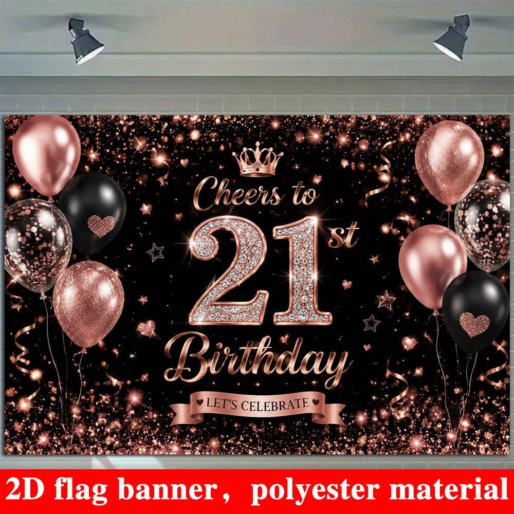 2D Flat Banner, 21st Birthday Backdrop, Rose Golden Balloons, Sparkling Numbers, Crown, Polyester