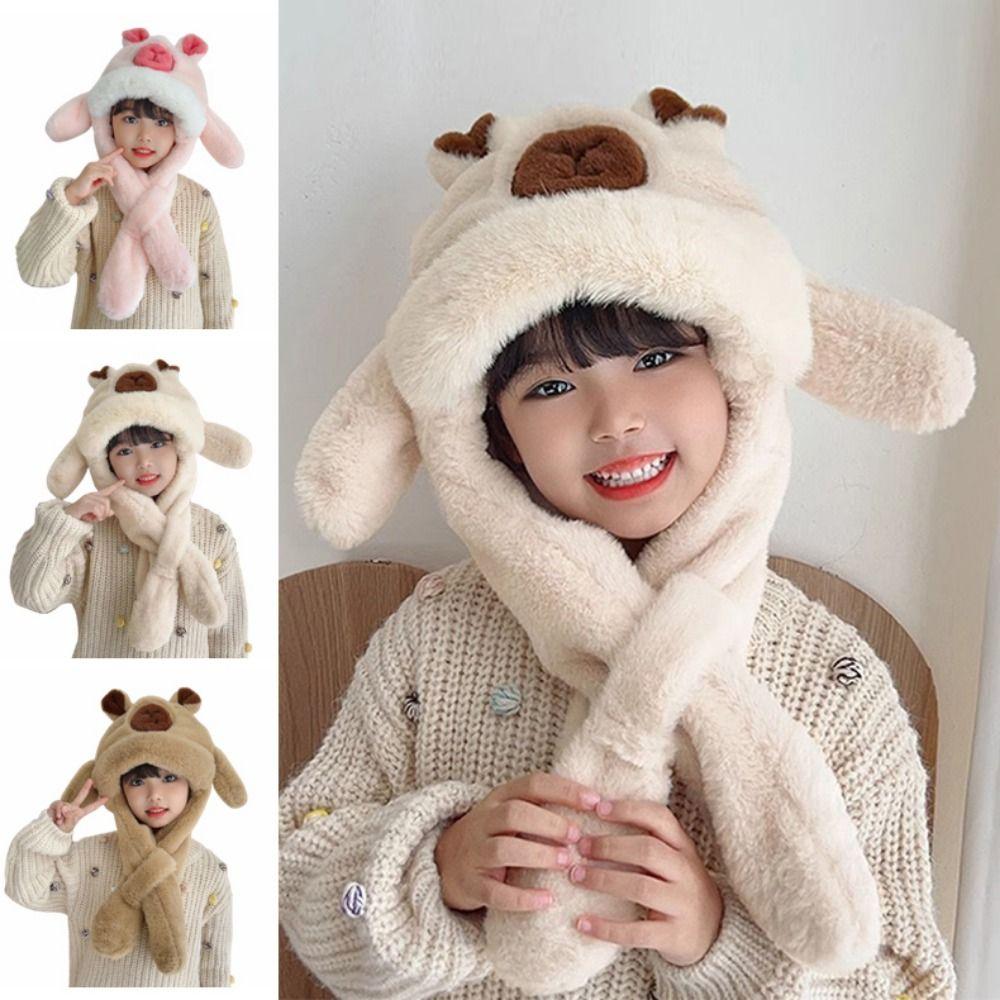 Movable Ears Kids Ear Protection Hat Funny Kids Winter Warm Hat Cute Capybara Hooded Scarf  Outdoor