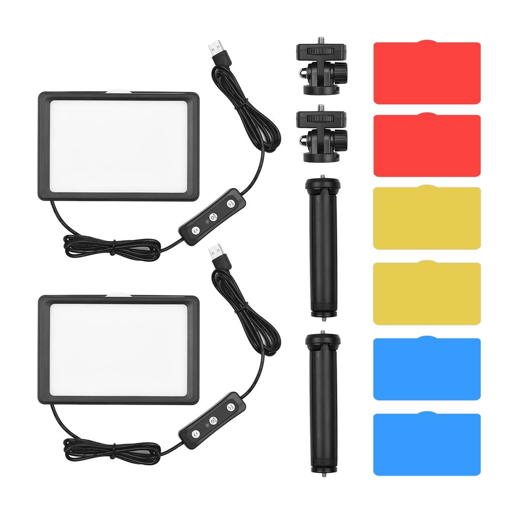 USB Video Conference Lighting Kit with 2* LED Video Lights 5600K Dimmable + 2* Desktop Tripods + 2* 180° Rotatable Mounting Adapter + 8* Color
