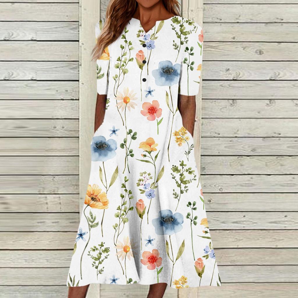 Summer Dress For Women Casual Floral  Printed V-Neck Short-Sleeve Button Pocket Beach Swing Dress