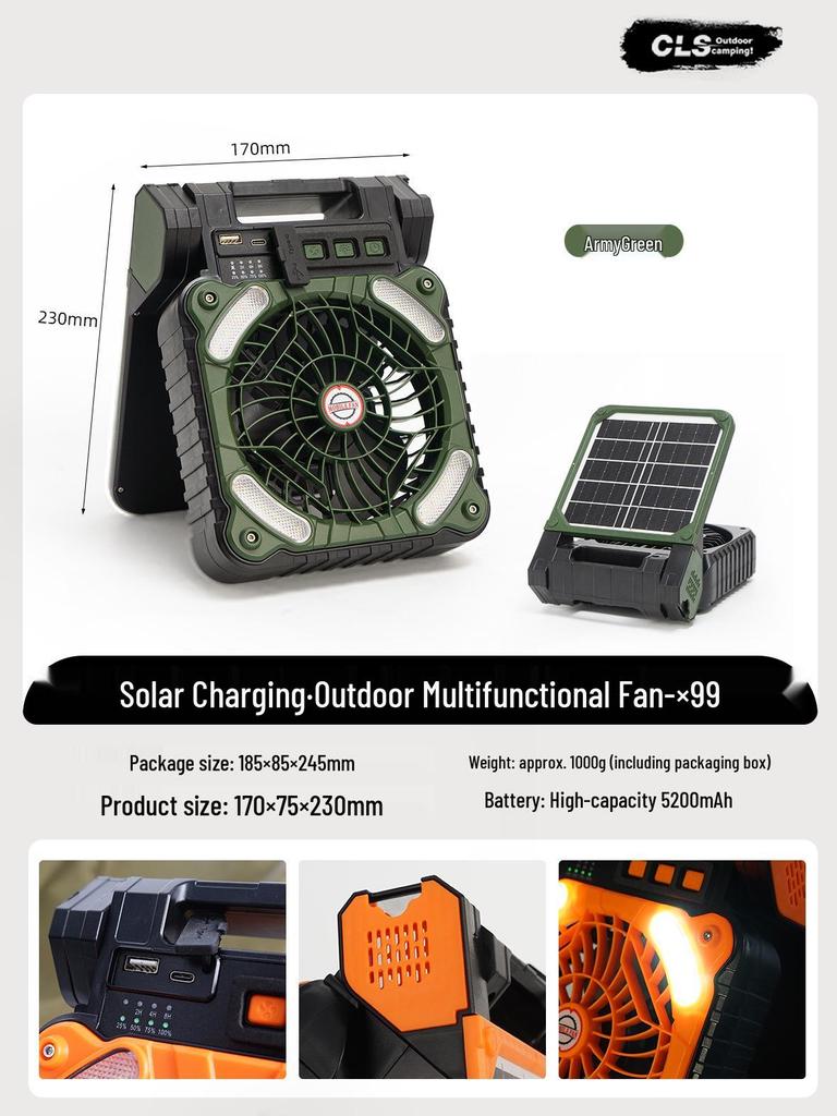Solar-Powered Portable Camping Fan with USB Charging and LED Light