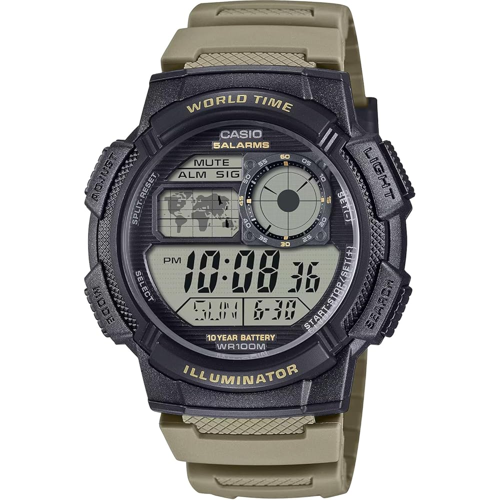 Мужские цифровые часы Casio с мировым временем AE-1000W-5AV Черно-зеленый цвет Зарубежная модель