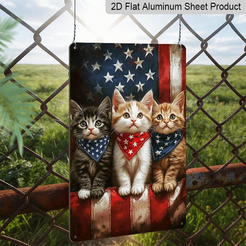 2D Flat Patriotic Kitten Metal Sign, 8×12 Inch Aluminum Wall Art, Cute Cats with Star Bandanas, Durable Decor for Pet Lovers, 4th of July