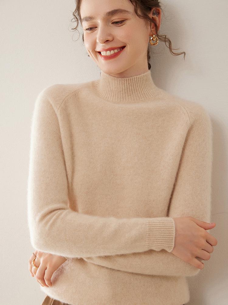 Women's 100% Pure Cashmere Soft Knit Sweater, Half-High Neck, Loose, Skin-Friendly, Slimming Base Layer