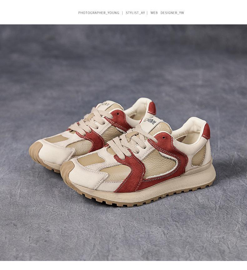 Shu Wu Autumn/Winter Women’s Genuine Leather Color Block Lace-Up Flat Shoes with Fleece Lining