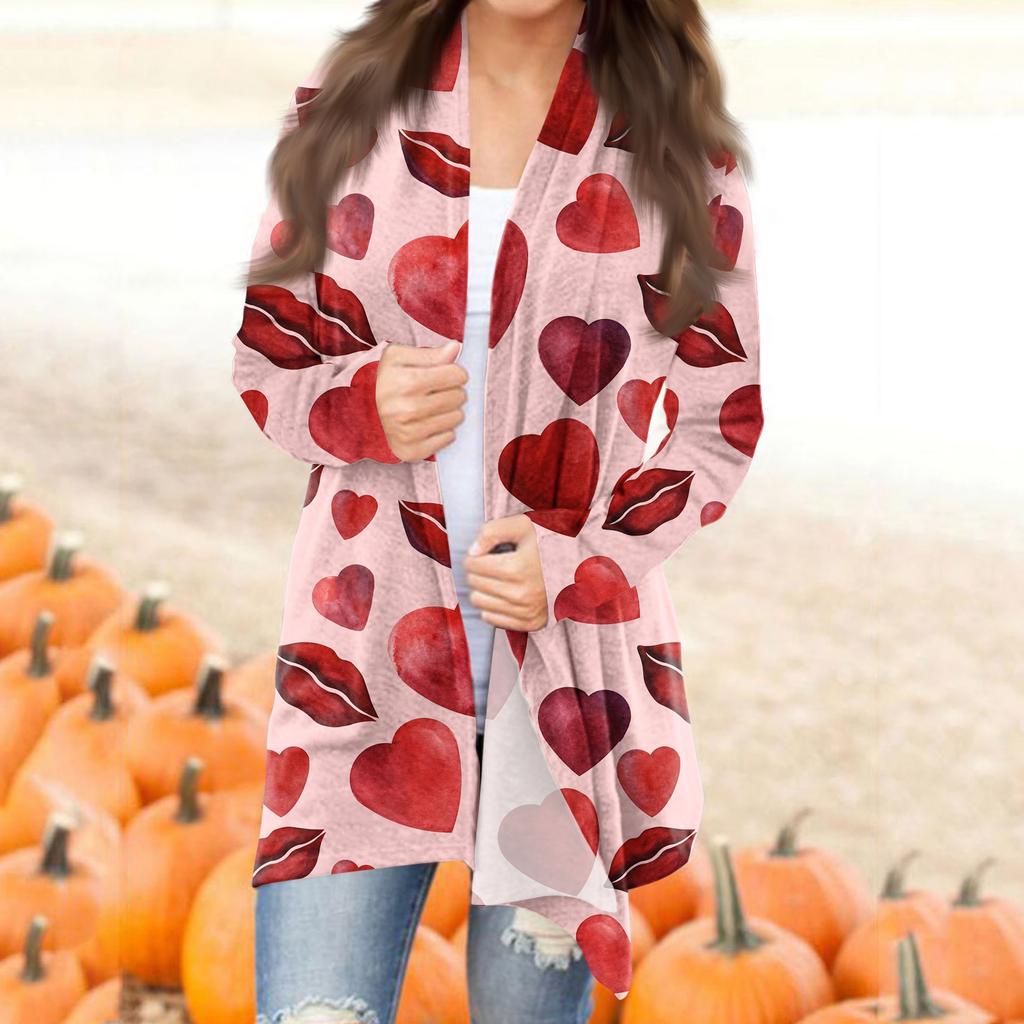 Женский повседневный кардиган с длинными рукавами и принтом ко Дню святого Валентина без карманов, верхнее пальто