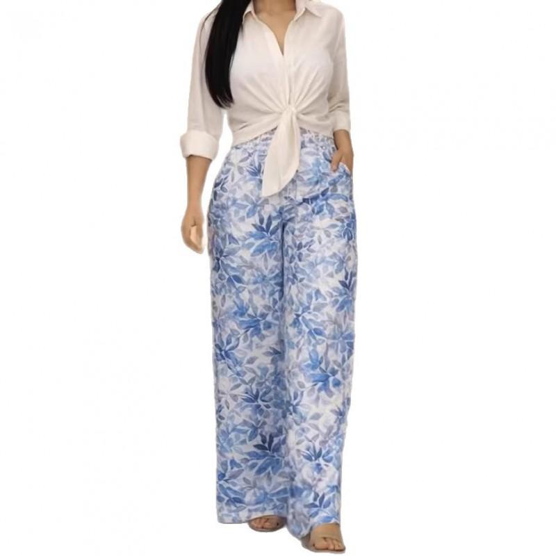 2026 Womens Printed Shirt Wide Leg Pants Set Casual Office Outfit