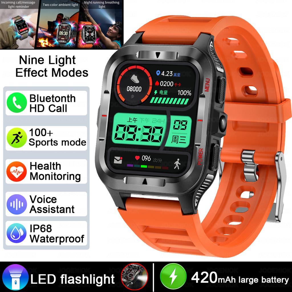 Military Grade SmartWatch Men LED flashlight Waterproof Sports Fitness Tracker Health Monitor BT Call Smartwatch For Android iOS