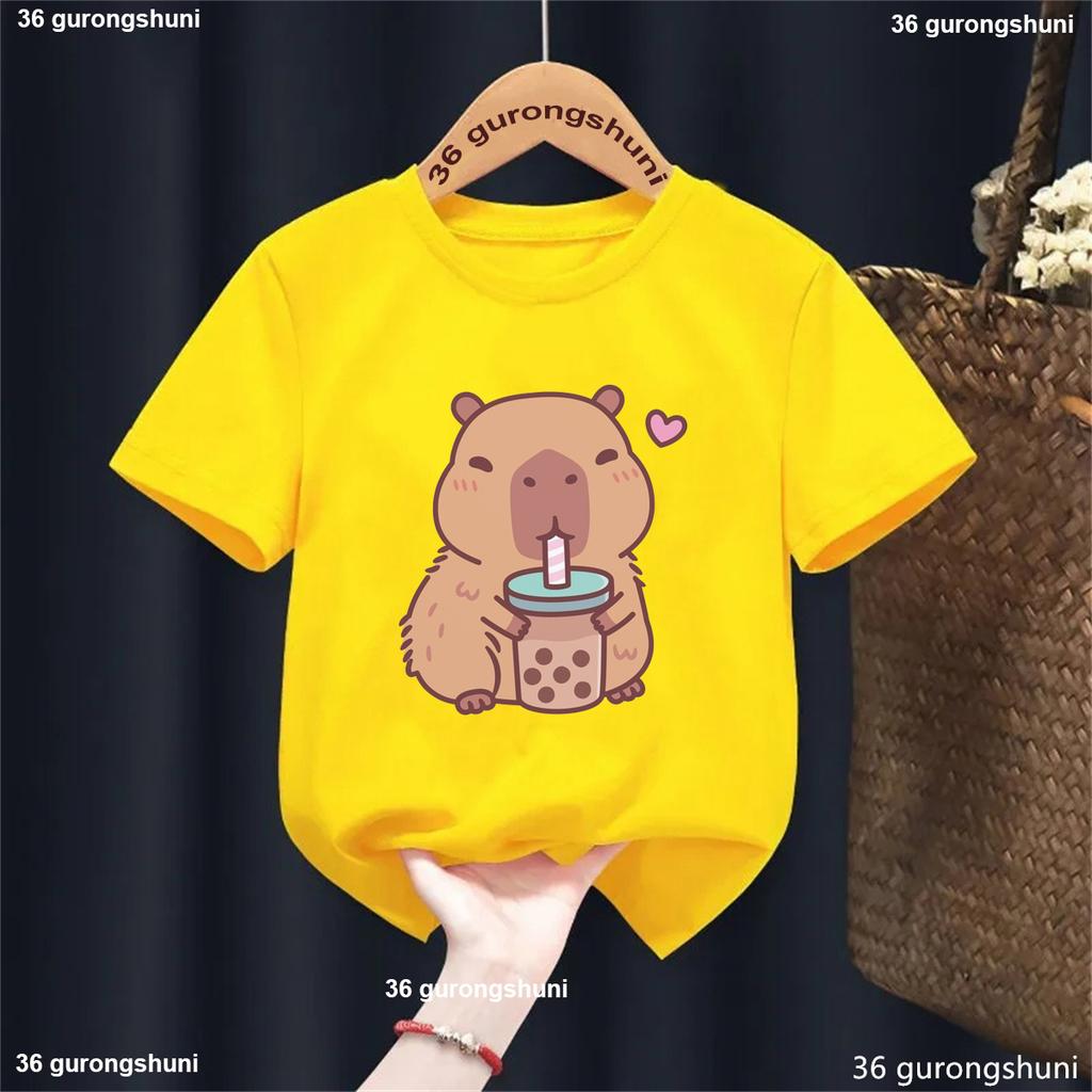 Funny T Shirt Capybara With Turtle Loves Bubble Milk Tea Printed T Shirt Girls/Boys Kawaii Kids Clothes Harajuku Shirt Tops