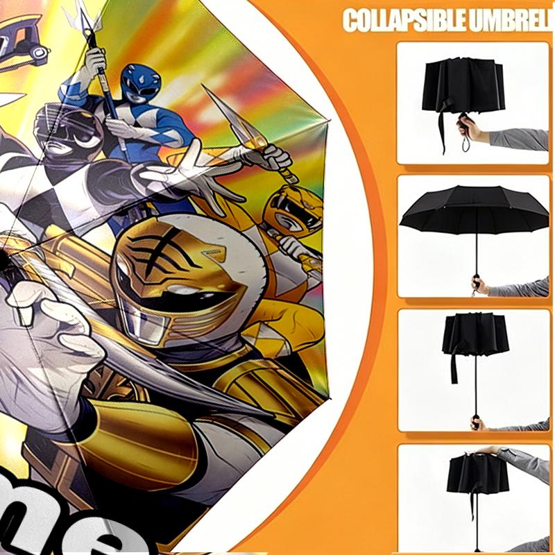 Custom Name Personalized Mighty Morphin Power Rangers Print Umbrella, Auto Open Close, 8‑Rib Sturdy Frame, Commute Camping Hiking Use, Birthday Gift
