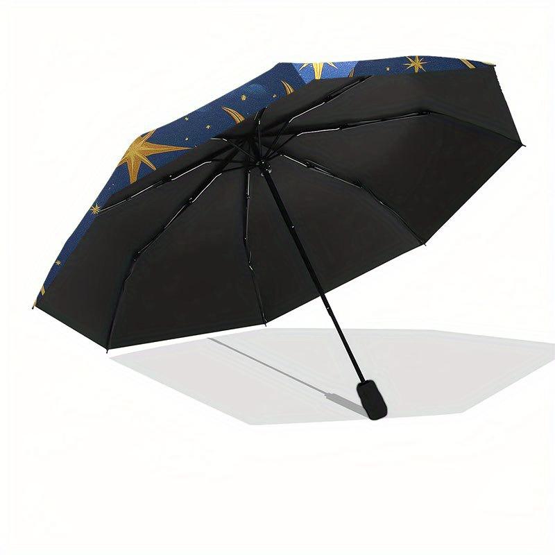 Golden Sun and Stars Circular Wall Art Decor Umbrella, Portable 3-Fold Compact Umbrella for Men & Women R133