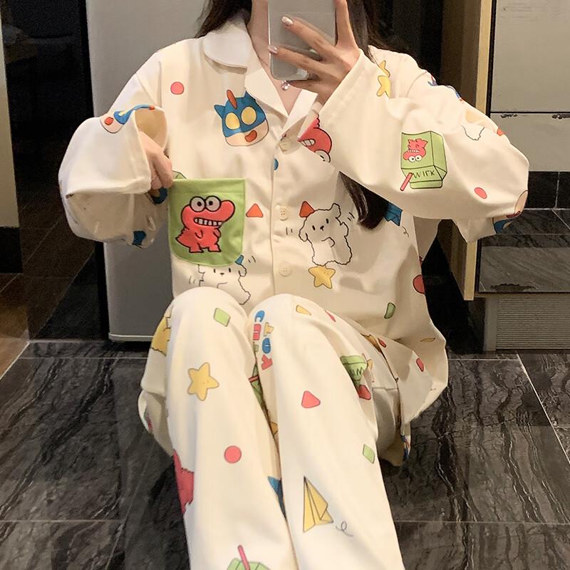 YUZHAOLIN Women's Pajamas, Spring And Autumn Long-Sleeve Cartoon Style, Cute Pocket Soft Lapel Cardigan Loungewear Set for Female Students