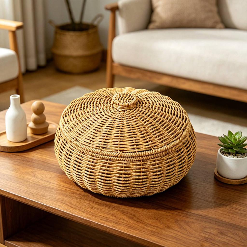 Wicker Basket with Lid Textured Weave Lidded Rattan Basket Multipurpose Rustic Design