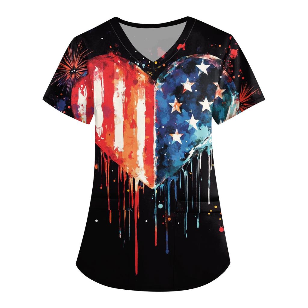 Women's Fashion V-neck Short-sleeved Work Dress With Pockets Independence Day Printed Top Carer Suit