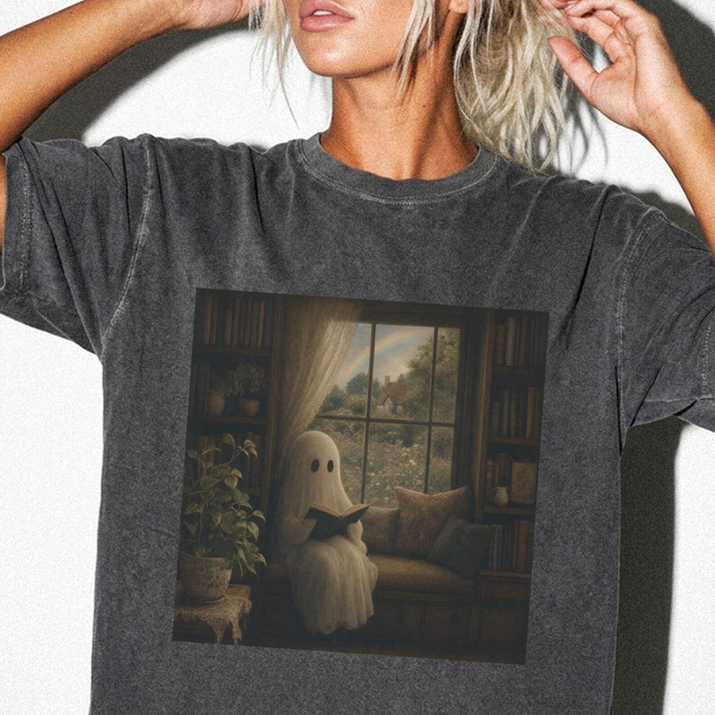 Reading Ghost T-Shirt, Dark Cottagecore Halloween Shirt, Book Lover Artistic Painting Graphic Tee, Bookish Oversized Comfort Colors TShirt