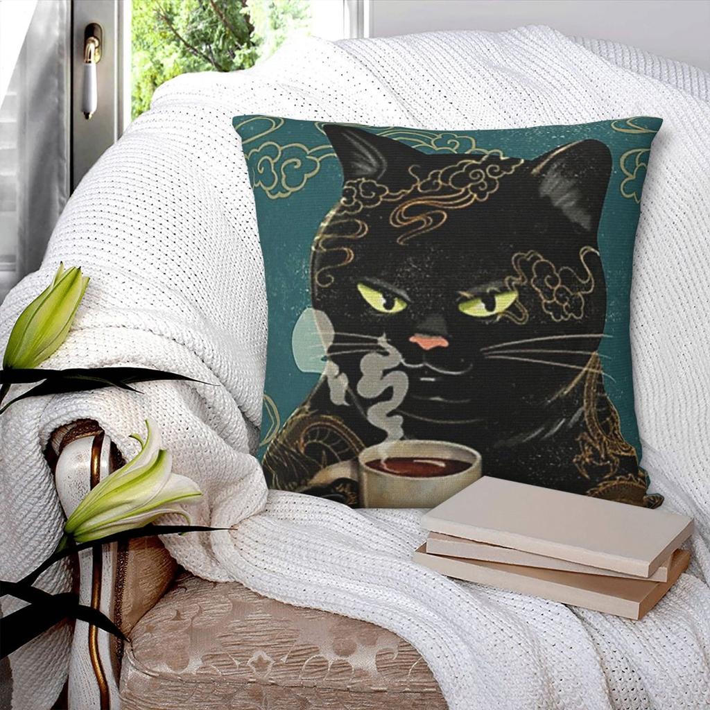 Black Cat Coffee Square Pillowcase Pillow Cover Polyester Cushion Decor Comfort Throw Pillow for Home Car