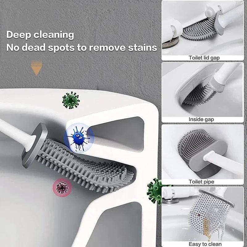 Wall-Mounted Silicone Toilet Brush Set-Easy-Install, Long-Handle,No Dead Corners,Efficient Cleaning,Portable Design with Holder
