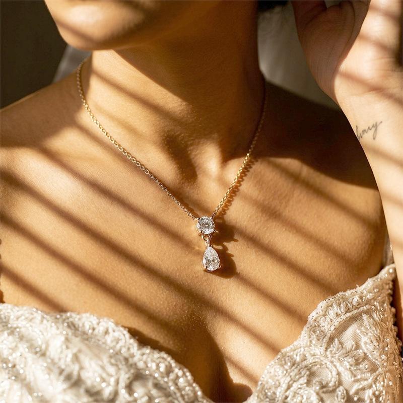 Two-Tier Drop Moissanite Pendant Rolo Chain Yellow Gold Tone 925 Silver Gentle on Skin Soft Glam Layering Jewelry for Women