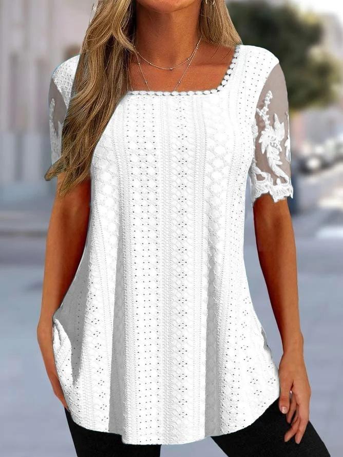 Летняя Новая Европейская и Американская Женская Квадратная Шея Футболка Сквозное Кружевное Рукав Повседневный Топ