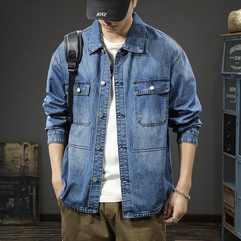Тяжелая ретро-стираемая мужская джинсовая рубашка свободная модная брендовая грубая красивая повседневная куртка большого размера