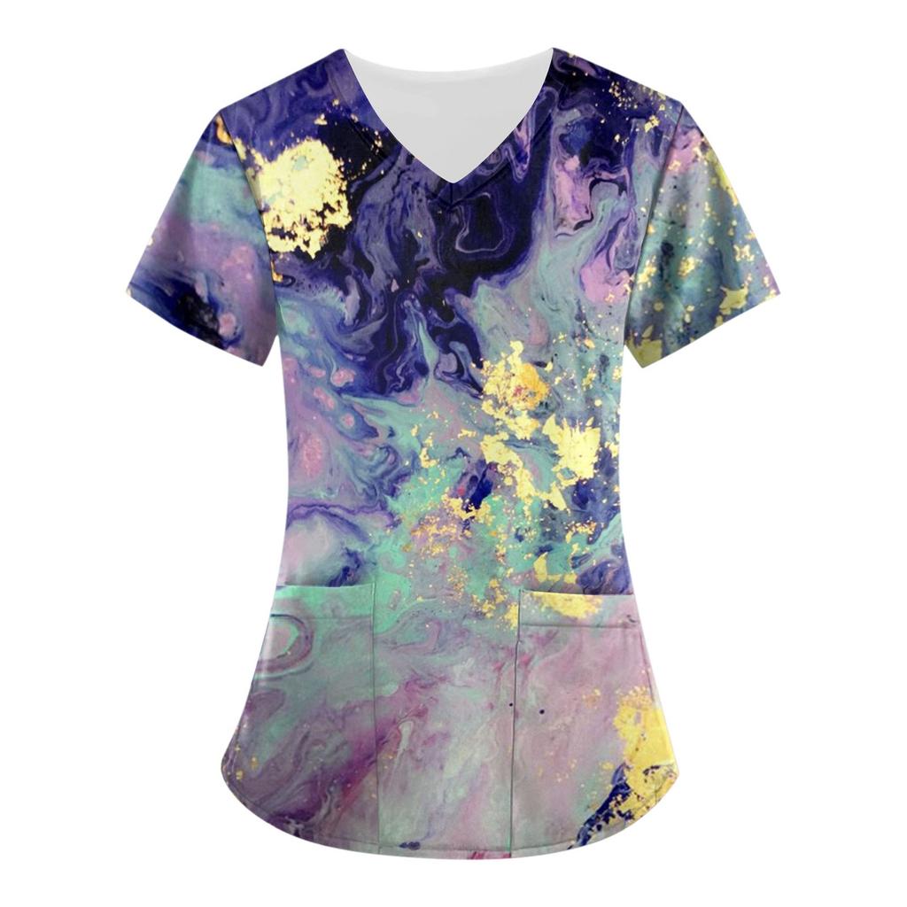 Женские топы с короткими рукавами и v-образным вырезом с принтом, рабочая форма, карманная блузка