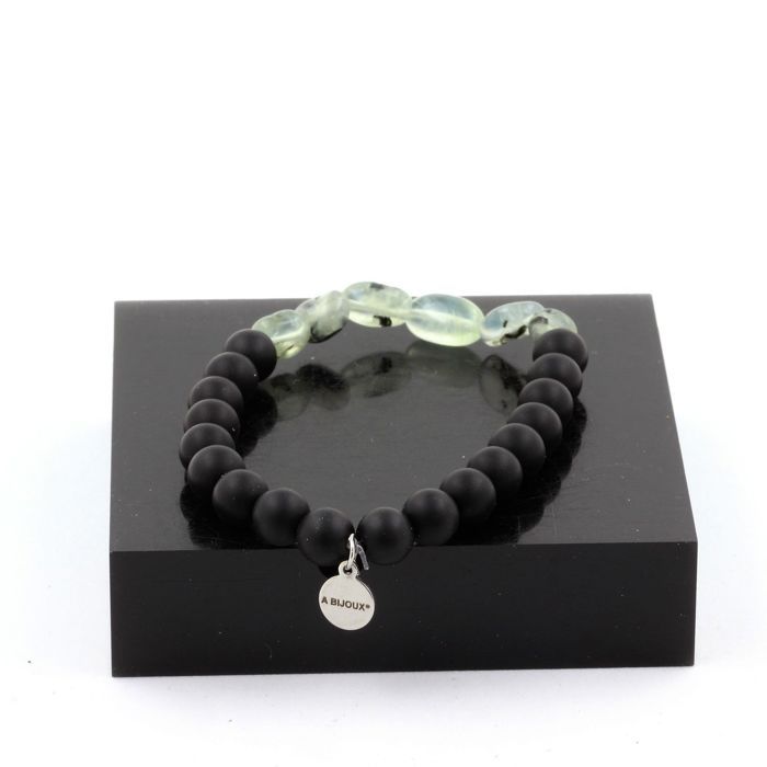 Stones and Minerals. Canadian Prehnite Bracelet + Matte Black Onyx Beads 8 Mm. Made In France.