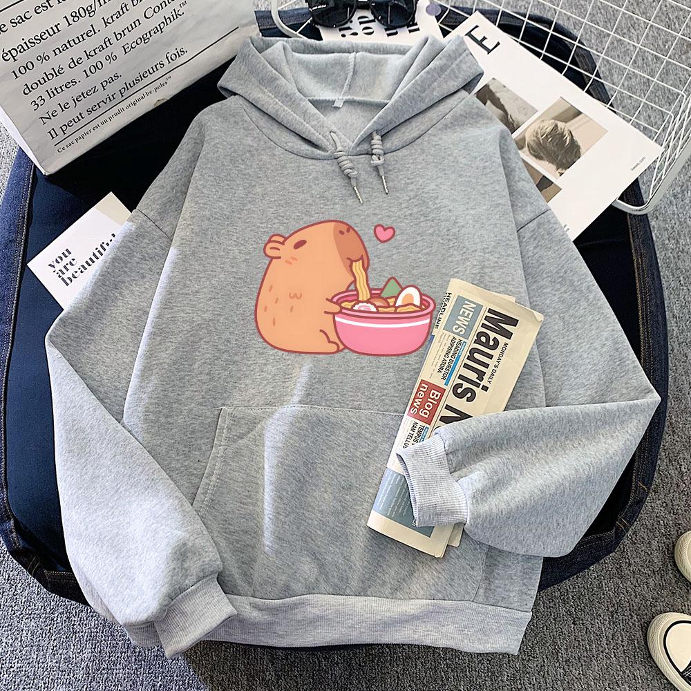 Cute Capybara Eating Ramen Hoodies Kawaii Cartoon Graphic Printing Sweatshirts Winter Hooded Pullovers Sudaderas Para Mujer Girl