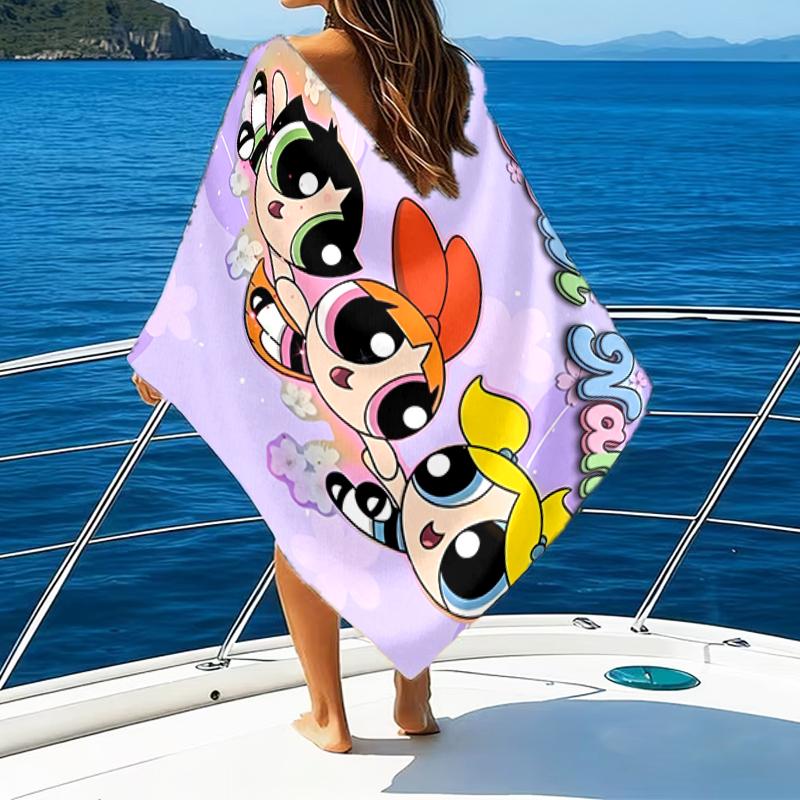 1pc Powerpuff Beach Towel with Custom Name, Beach and Seaside Swimming Pool Equipment, Fashion Pattern, Rectangular, Travel Essential