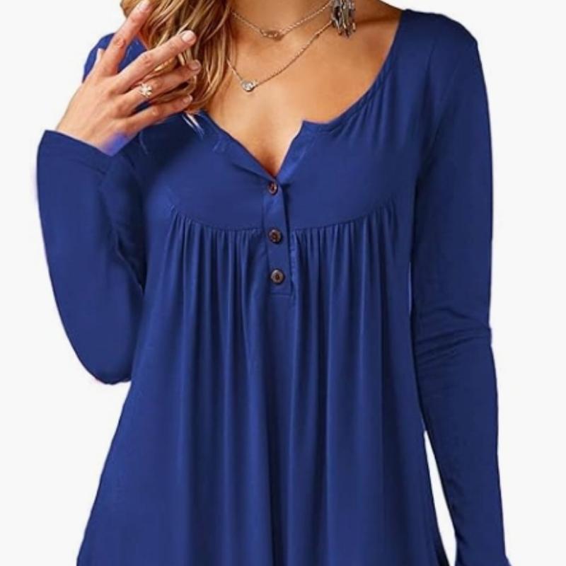 Женская футболка с V-образным вырезом, пуговицами, плиссировкой и длинными рукавами, свободный топ