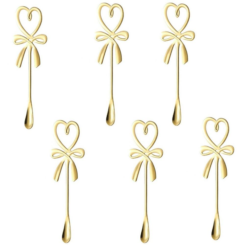 6PCS Stainless Steel Heart Shaped Spoon Long Handle Bow Knot Mini Coffee Spoon Hanging Spoon Dessert Spoon Wedding Party