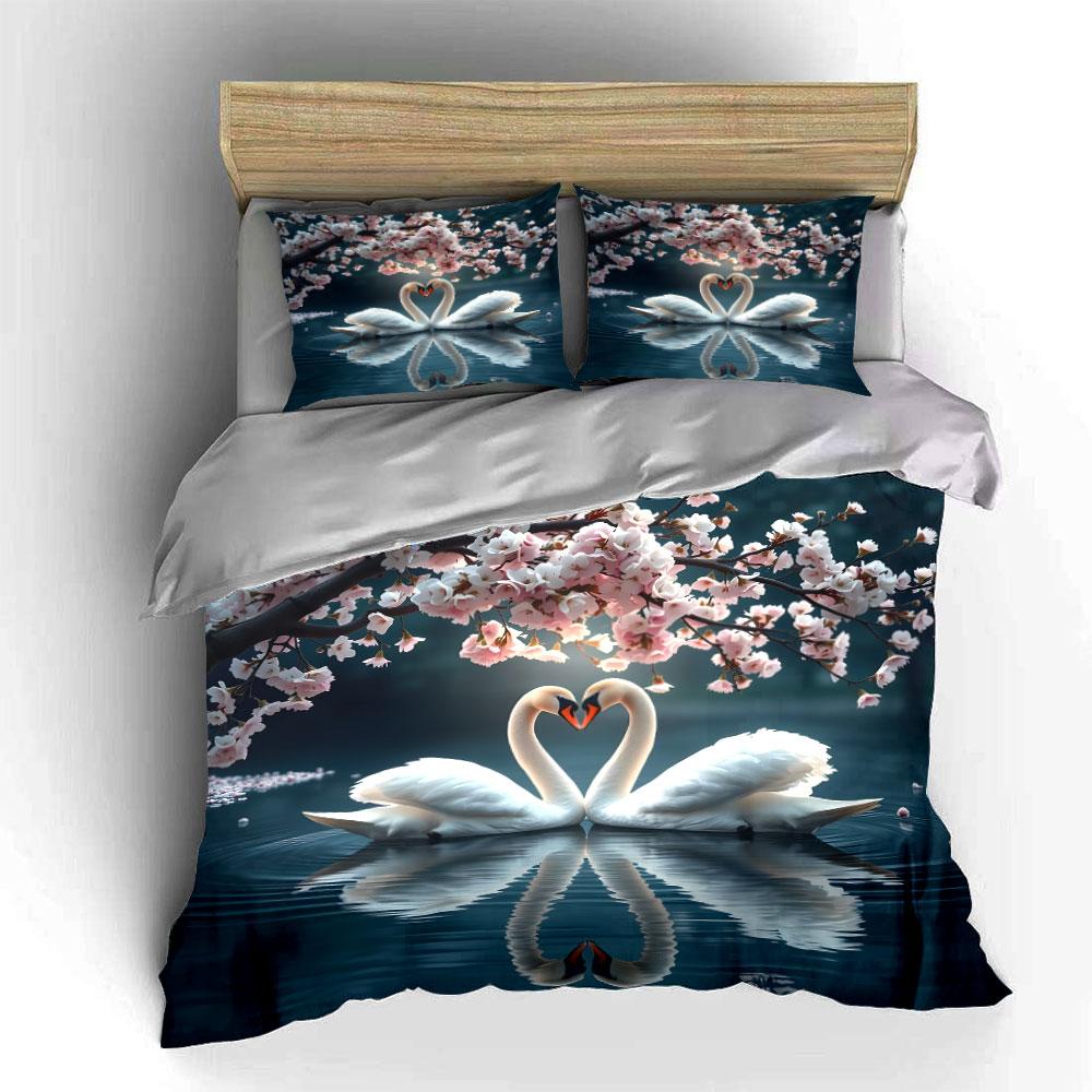 Swans and Cherry Blossom Scene Bedding Duvet Cover Set (1*Duvet Cover 2*Pillowcases, without duvet insert)
