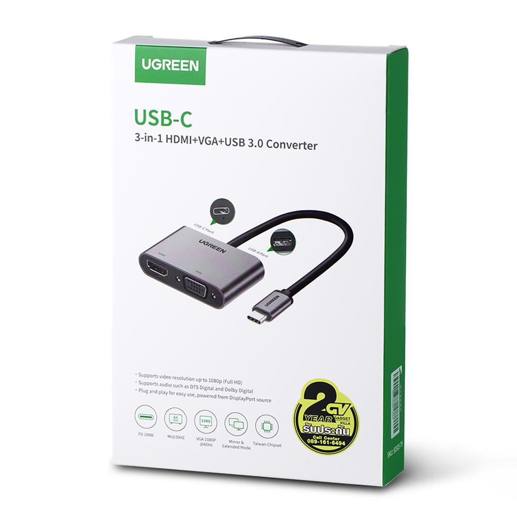 Многопортовый USB-C хаб Ugreen CM162: HDMI, VGA, USB-A 3.0, USB-C PD Зарядка - Изящный серый дизайн
