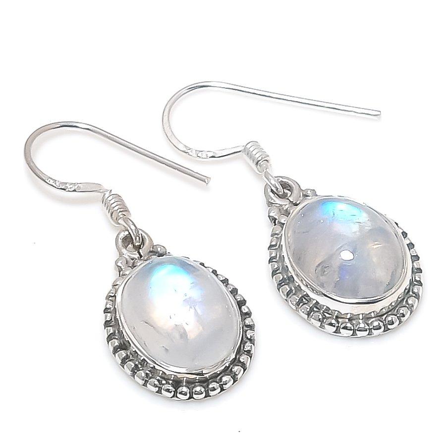 Natural Rainbow Moonstone Gemstone 925 Solid Sterling Silver Earring 1.25" F0M14