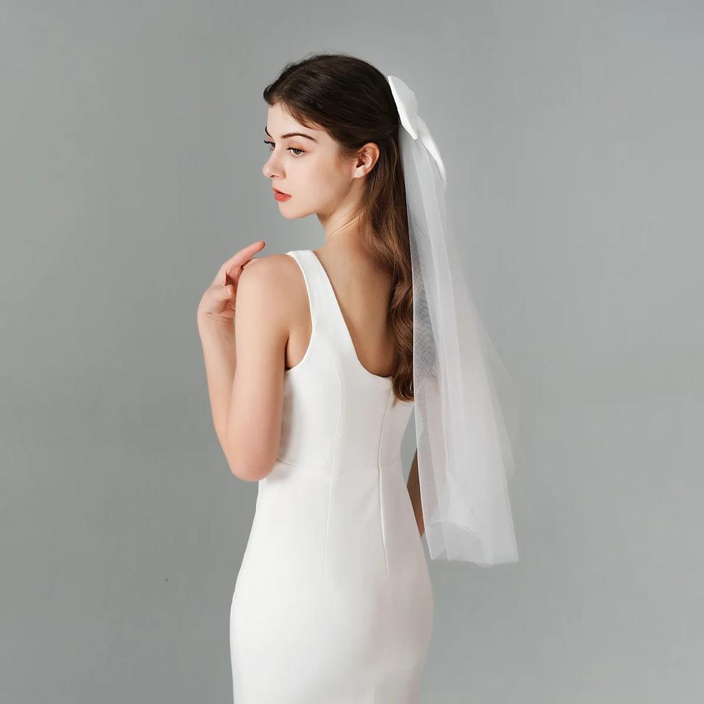 1pcs Elegant Bridal Wedding Headdress Ivory White Headpiece Bow Short Veil Back Head Decor Hair Accessories