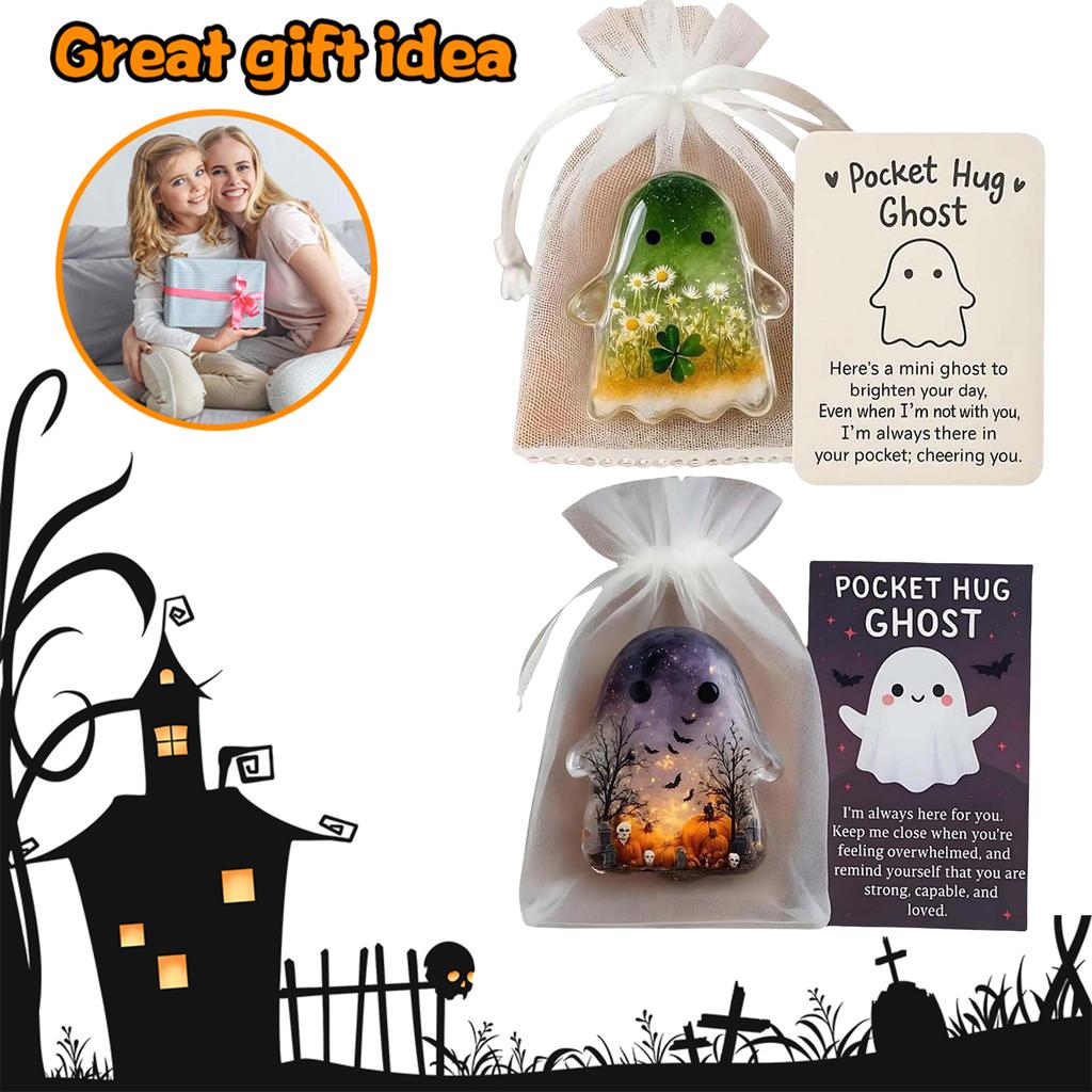Cute Pocket Comfort Ghost Keepsake with Motivational Card Halloween Decorations Acrylic Ghost Miniature Figurine Birthday Gifts