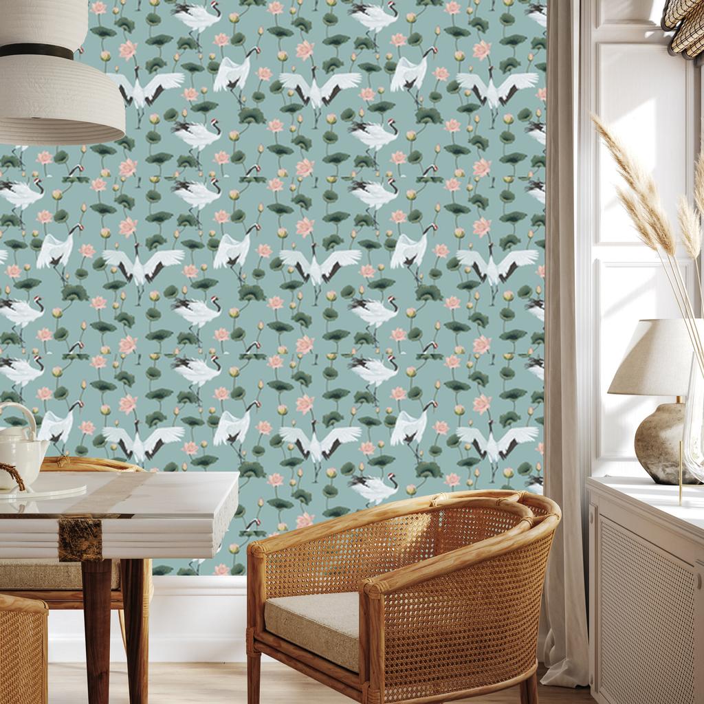 Beautiful Cranes and Flowers Wallpaper for Living Room and Bedroom 50x1000
