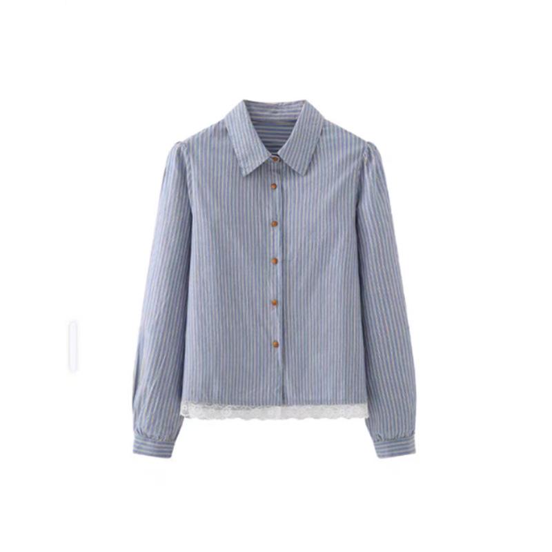 Женская полосатая блузка с кружевной отделкой Весна 2025 - Корейский стиль, Свободный крой, Высокое качество, Для миниатюрных