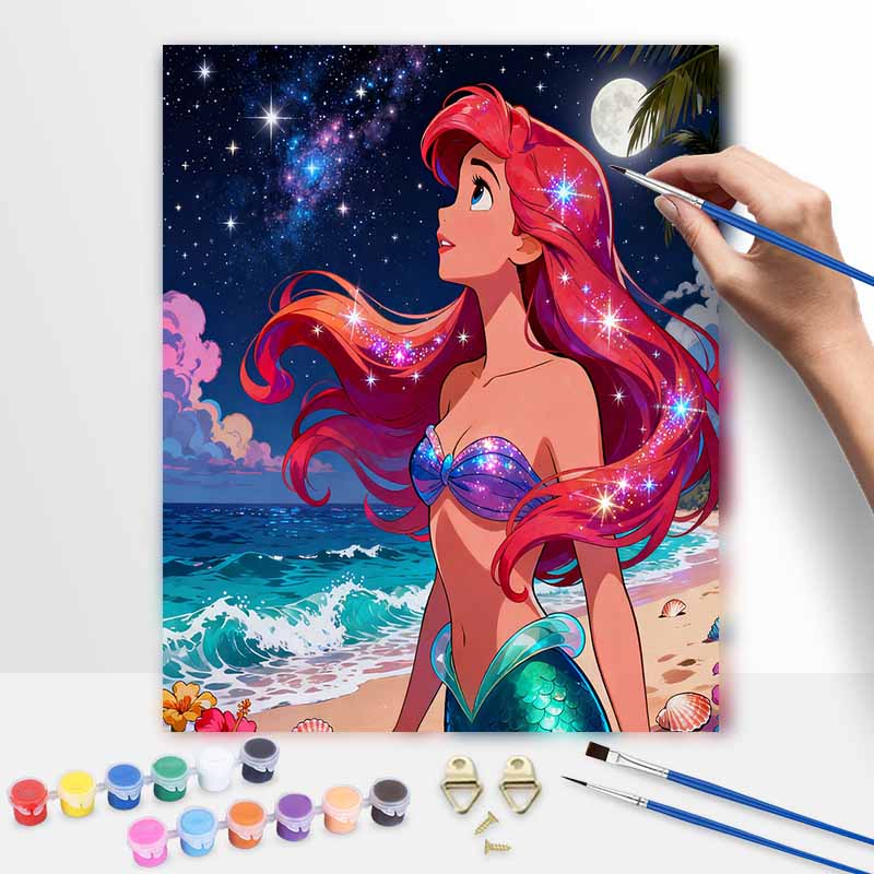 Disney The Little Mermaid Oil Paint Hand Painting Kit Decoration Classic Style Home Decor Starry Night Beach Ocean Wall Art Painting