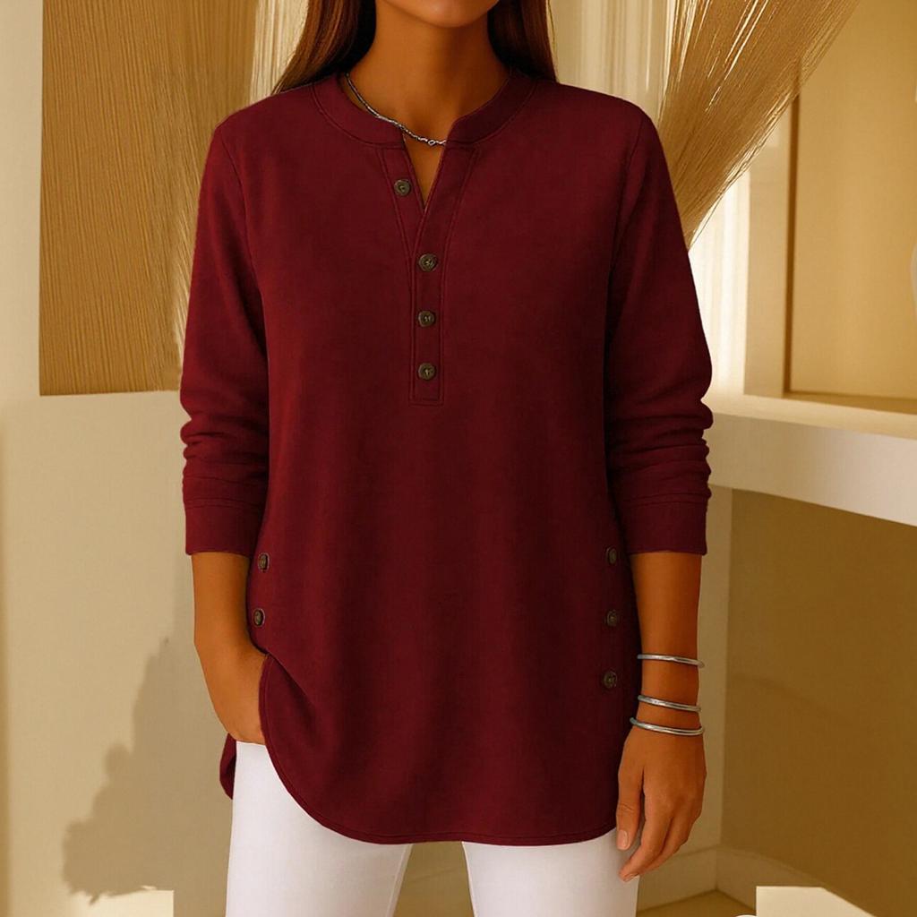 Women's Solid Color Button Long-sleeved Casual Loose Pullover Top