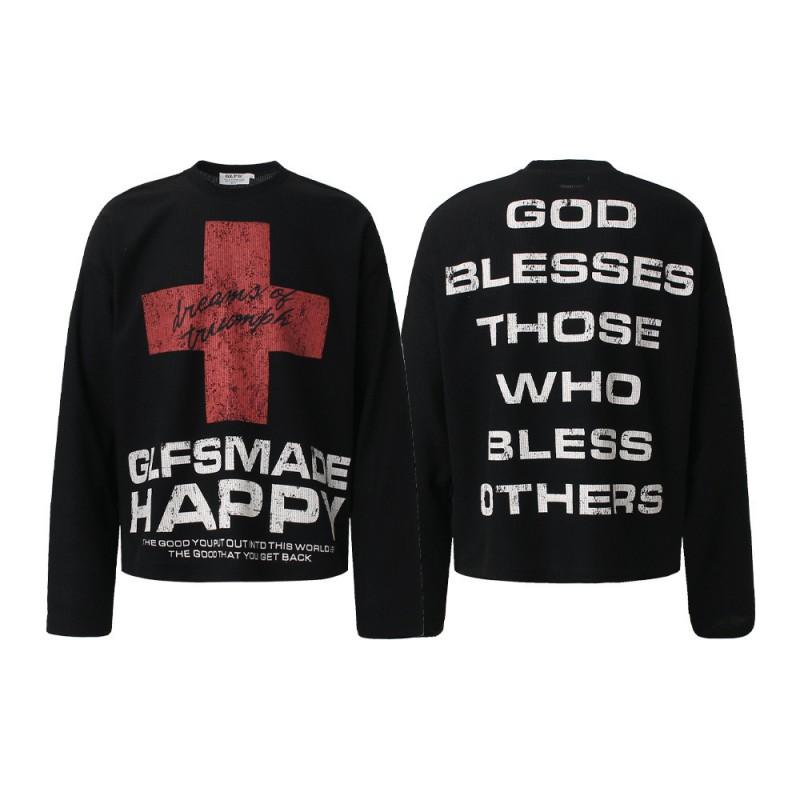 Mens Oversized Streetwear Long Sleeve Hoodless Sweatshirt With Cross Print Cotton Tee Casual