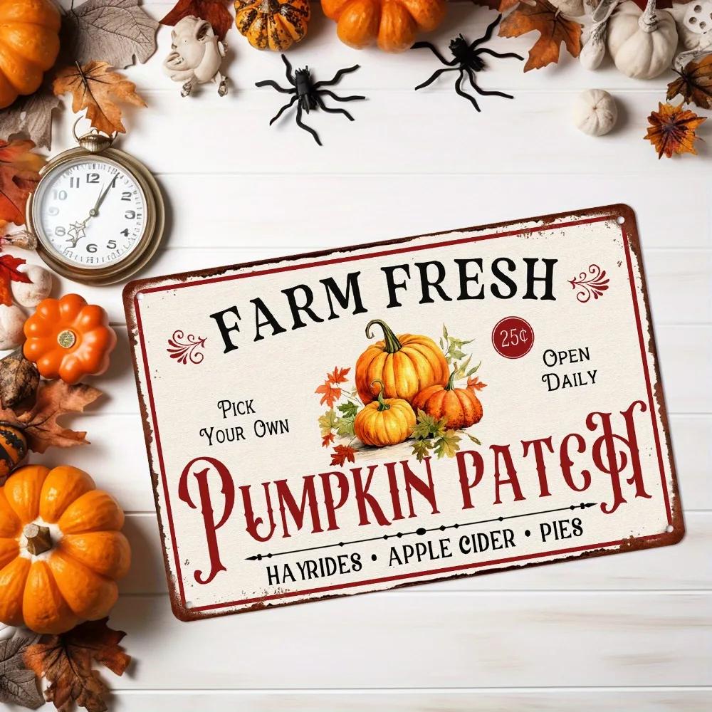 Фермерский Свежий Тыква Осенний Патч Винтажная Металлическая Жестяная Табличка - Деревенский Хэллоуинский Декор для Дома Кухни Бара Фермерского Дома
