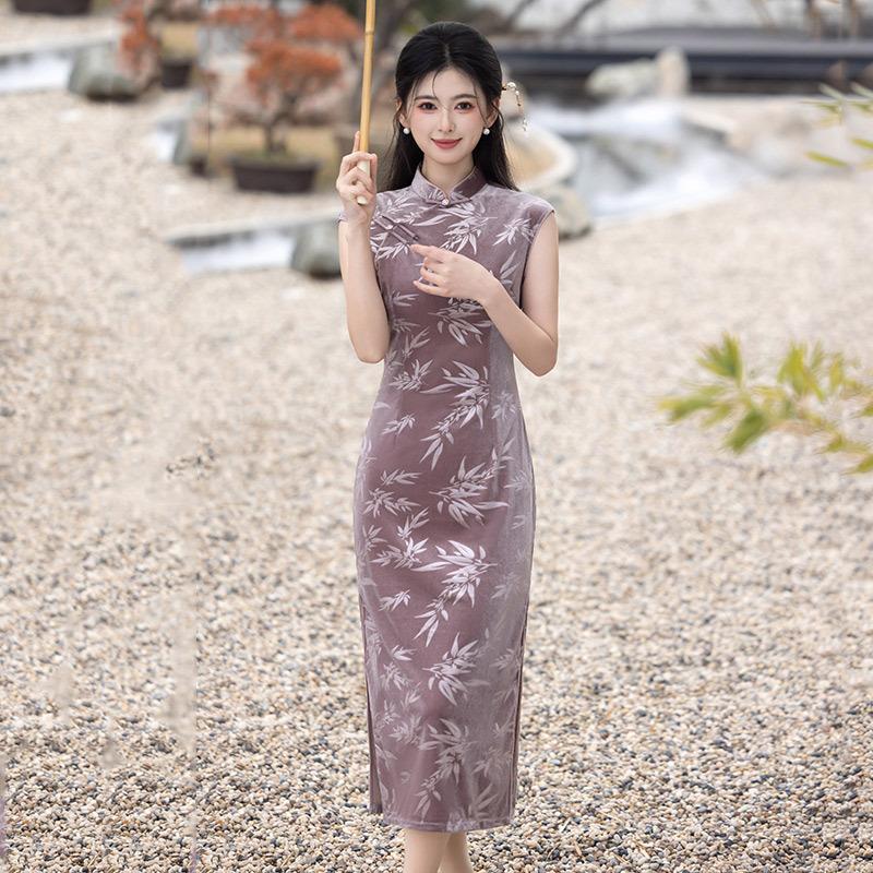 Purple elastic velvet national style new Chinese long improved cheongsam new women's retro banquet dress summer