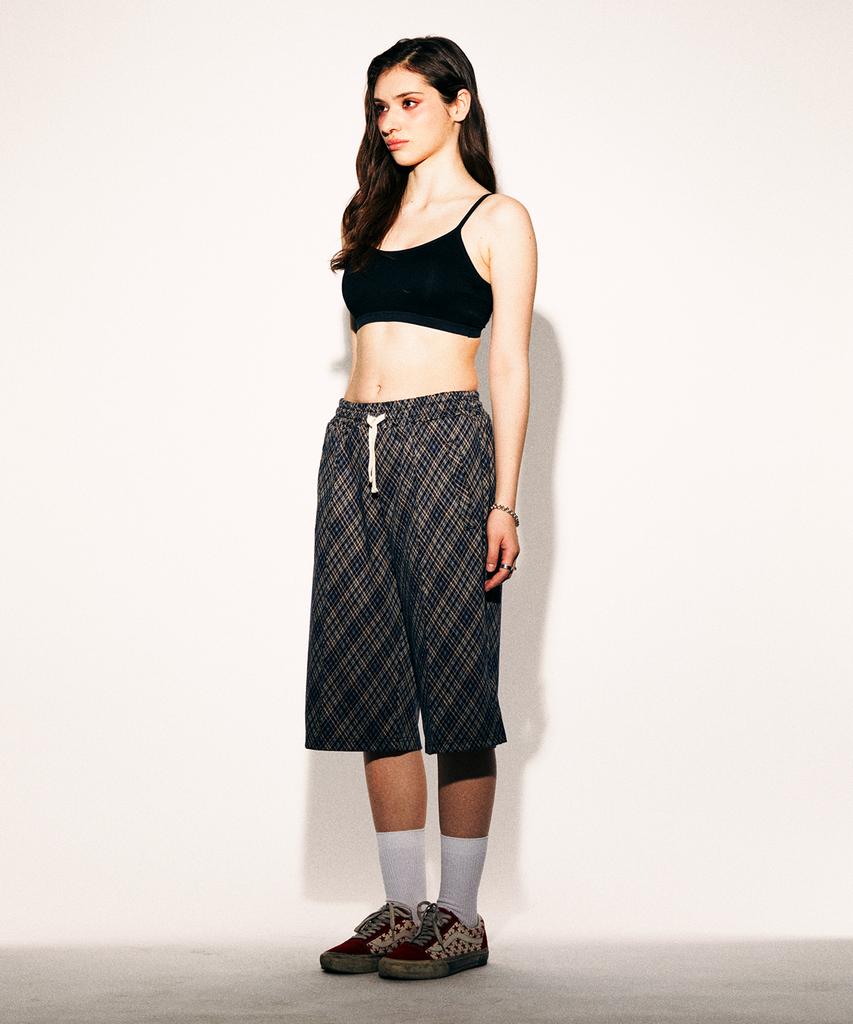 TONSIL Vintage Check Elastic Waist Bermuda Pants Navy