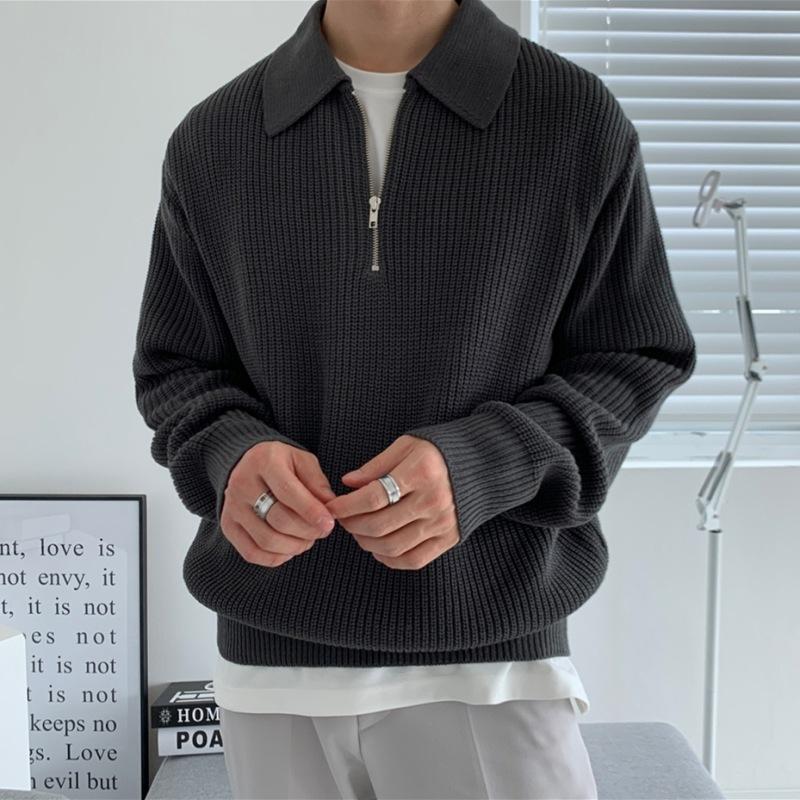 POLO Collar Sweater Men's Winter Thickened Loose Half-Zip Knit Sweater Autumn and Winter Lazy Japanese Retro Jacket
