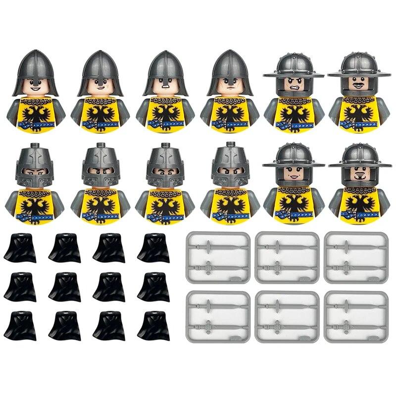 Детские игрушки, средневековый военный солдат, строительный блок, замок, рыцарский корпус, оружие на поле боя, боевой конь, мультяшные фигурки, кирпичи
