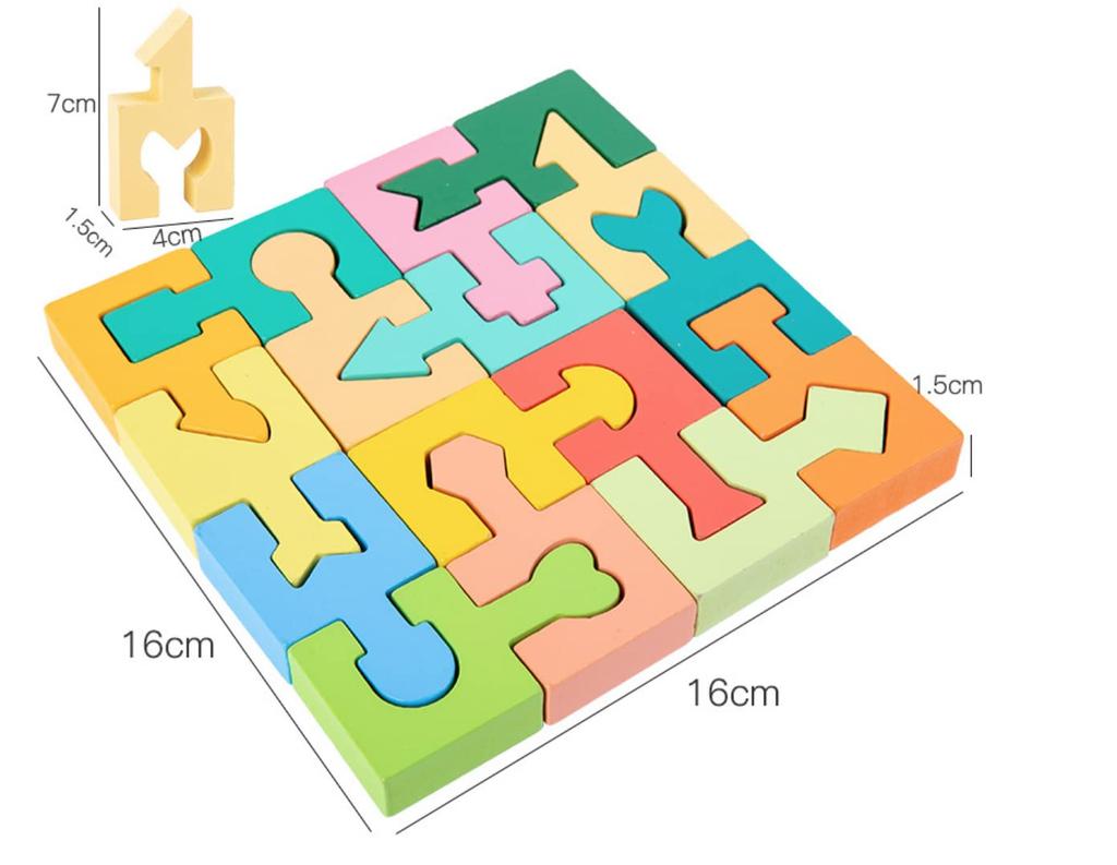 Wooden Puzzle, Wooden Building Blocks, Puzzle-Shaped Arrow Pieces, 16 Pieces, Montessori Educational Toy, Puzzle