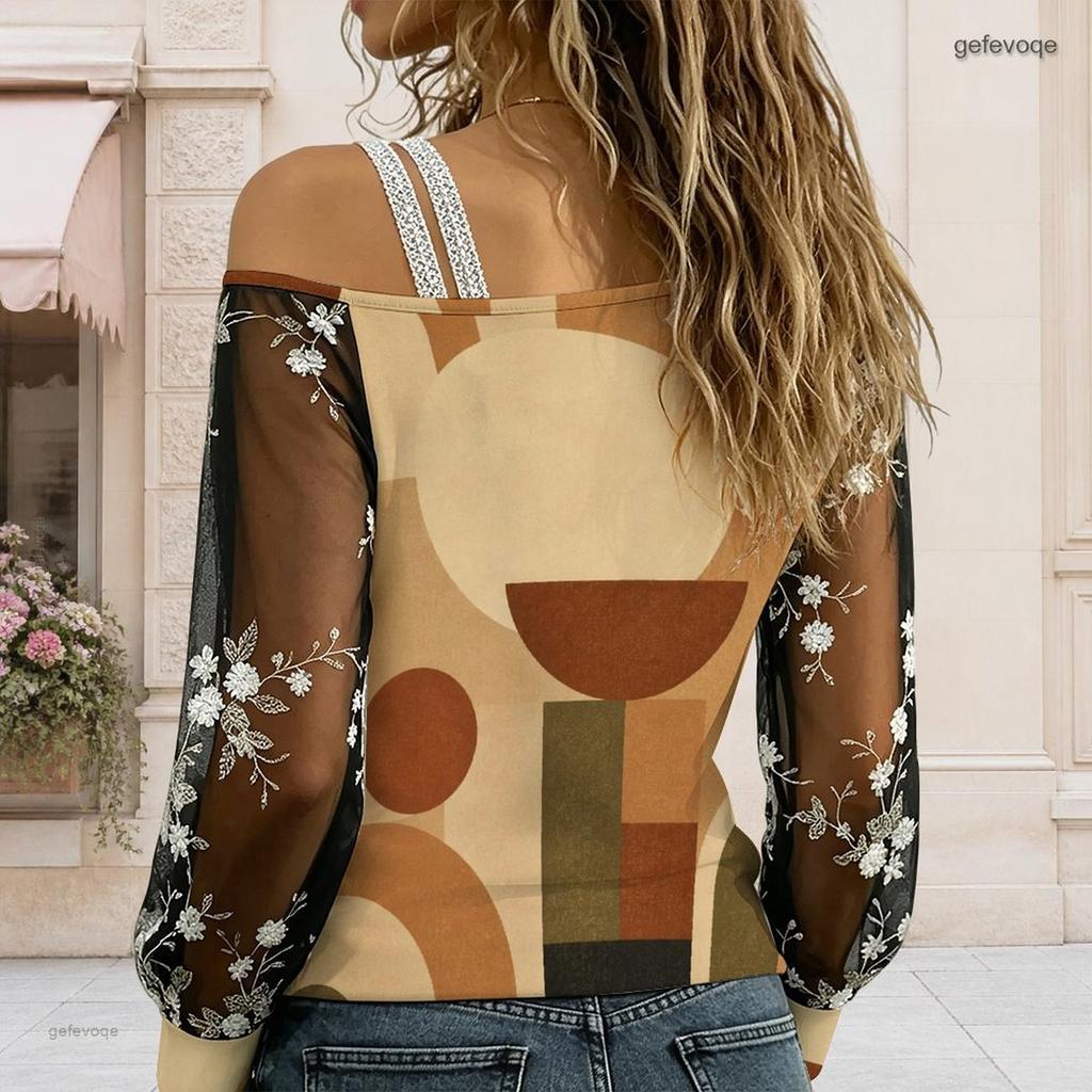 Women Plus Size Asymmetric Off Shoulder Long Sleeve Plaid Printed T Shirt Floral Mesh Sleeve Pink Grey Top
